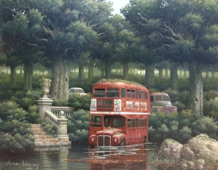 &quot;Autobús en el estanque&quot;, óleo s / madera, 52 x 67 cm.